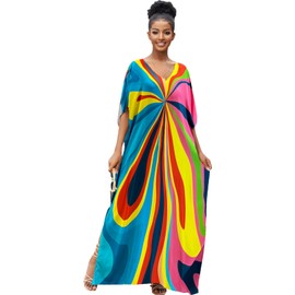 RanRui Floral Print Kaftan Dresses for Women Ethnic Boho Print swim cover up Batwing Sleeve Vneck Caftans (O9)