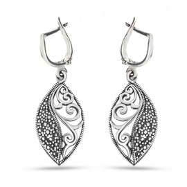 Silverzone77 Sterling Silver 925 Dangle Drop Earrings Vintage Style Marcasite Leaf Filigree Pattern Design Handmade Jewellery