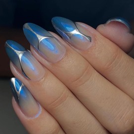 MISUD Almond Press on Nails Medium Fake Nails Glossy Glue on Nails Blue Ombre Acrylic Nail Supplies Stiletto Artificial Nail Art Silver Chrome Stick on False Nails with Design DIY 24 pcs