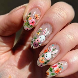 24Pcs Easter Press on Nails Medium Almond Fake Nails Spring Flower False Nails Cute Bunny Acrylic Nails Easter Press ons Full Cover Glossy Stick on Nails for Women Easter Nail Art Decoration