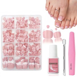 French False Toenail,240PCS Square False Toenails Short,Toe Nail Press on Nail Kit,12 Sizes Pink Full Cover Glue On Fake Toe Nails - Stick on Toenails for Women French Nail Art Manicure