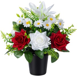 Kukooka Artificial Grave Flowers in Pots, Artificial Rose Lily Daisy Memorial Flowers with Pot for Cemetery Funeral Outdoor Graveside Decoration (1piece, White & Red)