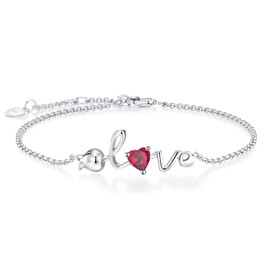 Leva Jewkis 925 Sterling Silver July Birthstone Bracelets Rose Love Heart Bracelet Created Ruby Red Gemstone Dainty Charm Link for Women Girls, 20cm Adjustable Chain