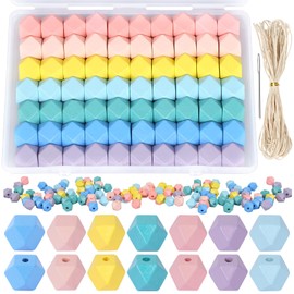 FAMCUCHE 70 Stück Holzperlen zum Auffädeln, 16mm Perlen Groß, 7 Farben Bunt Holzperlen Gemischte mit Box, Nadel und 10m Schnüren, Bastelnperlen Holz Perlen für Schmuck Basteln Dekorationen