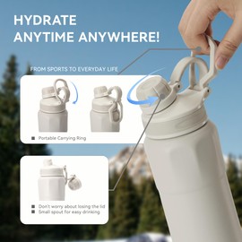 SANTECO Stainless Steel Bicycle Water Bottle, 830 ml, BPA-Free with Portable Carry Ring, Thermos Flask, Leak-Proof, Dishwasher Safe for Running, Road Bike, Gym, Hiking, White