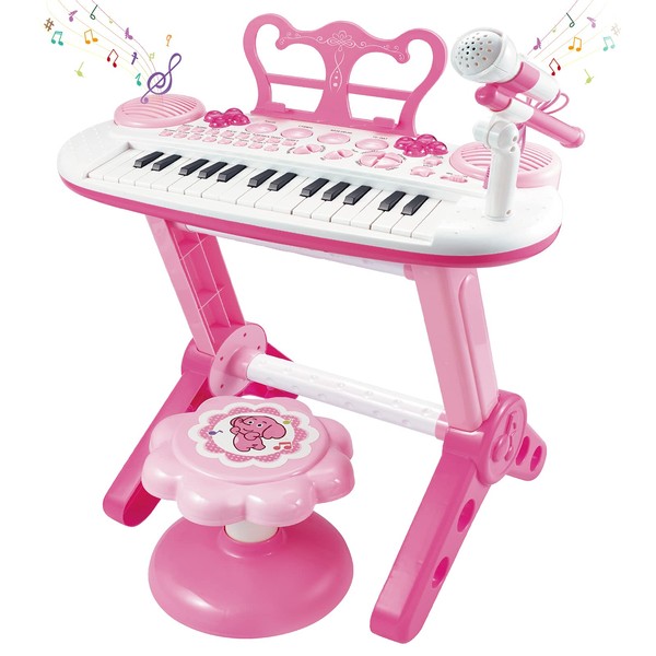 Kids Piano Keyboard Toys, 31-Keys Piano for Toddler Ages 3-5-9, Educational Toys with Microphone, Stool, Portable Multifunction Electronic Musical Instrument, 3+Year Old Girls Birthday Gift Ideas-Pink