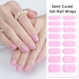 SILPECWEE Semi Cured Gel Nail Strips (Pink Solid Color - 16PCS), Gel Nail Stickers Full Nail Wraps Need UV Light, Salon Quality & Easy to Use - with Prep Pads, Nail File, Wood Stick