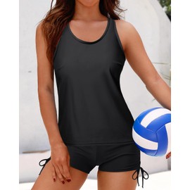Yonique - Traje de baño tankini de 3 piezas para mujer, traje de baño con pantalones cortos y brasier deportivo, Negro y rayas., Small