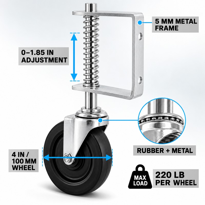 4-Inch Spring-Loaded Gate Caster Wheel with 360° Swivel, Rubber Tire