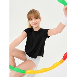Haloumoning Girls Loose Athletic Shirts Short Sleeve Crop Tops Kids Quick Dry Gym Yoga Tees 5-14 Years Black