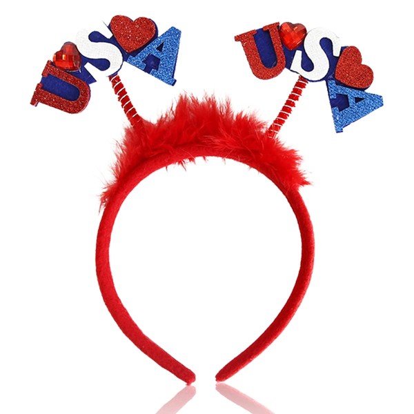 USA Head Boppers 4th of July Headband Independence Day Hair Hoop Patriotic Themed Party Headwear Hair Band Glitter Plush Hair Decorations July Fourth White Blue Red Hair Supplies Hair Accessories 1PCS