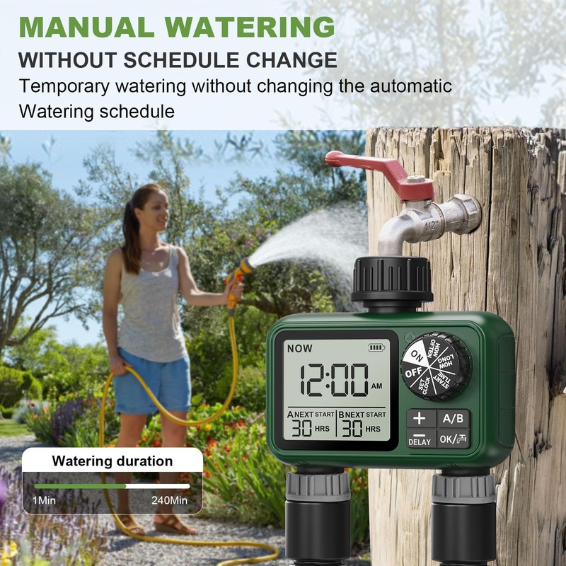 XinFuture Irrigation Computer 2 Outputs, Large LCD Display Watering Timer,