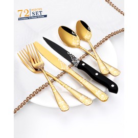 EUIRIO 72-Piece Gold Silverware Set with Steak Knives,Gold Flatware Set for 12,Stainless Steel Tableware Cutlery Set,Kitchen Utensils Spoon and Fork Set with Floral Laser,Dishwasher Safe
