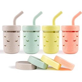 Pandaloo® Mason Jar Toddler Cup - 8 oz Spill-Proof Glass Tumbler with Silicone Straw and Lid, Non-Slip Sleeve, BPA-Free Toddler Snack Cups - Perfect Smoothie Cups with Lids and Straws for Kids