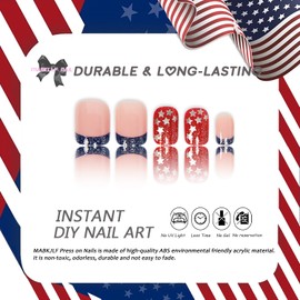 4th of July Press on Nails Short Square French Tip Fake Nails Glitter Full Cover Blue Red False Nails with Star Designs Glossy Glue on Nails America Acrylic Nails Artificial Nails for Women Girls