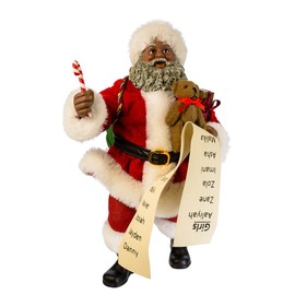 Kurt Adler Fabriche' Black Santa with List and Candy Cane, 10.5"