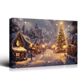 Christmas Gift Winter Wall Decor Snowy Village, Tree & Glowing Lights, Great for Festive Cheer & Home Christmas DecorColor: multi color, Size: 24*16 inch