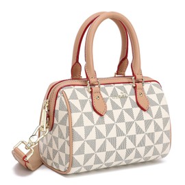 INICAT Mini Purse Small Satchel Top-Handle Handbag Boston Barrel Travel Bags for Women with Detachable Crossbody Strap(Checked White Grey)