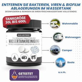 Blue Lake Travel Limpiador de Tanque de Agua para Autocaravana | 10 Pastillas Desinfectantes para Depósitos de 30 a 600 Litros | Limpieza Profunda con Dióxido de Cloro