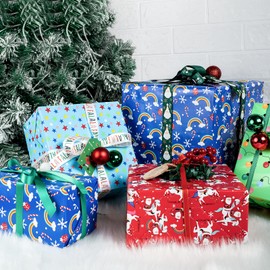 Holijolly Christmas Wrapping Paper Sheet with Gift Tags - Folded Flat - 4 Different Red & Green & Blue Design - 70x100cm Per Sheet