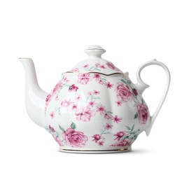 BTaT- Floral Tea Pot with Gift Box, 38 oz, White with Pink Roses & Gold Trim, Porcelain Teapot Ceramic, Dishwasher Safe