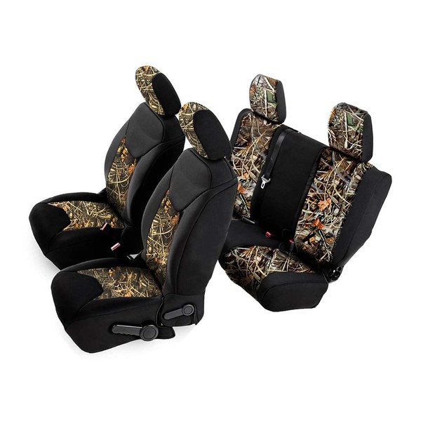 Crevelle Custom Fits 2011-2018 Jeep Wrangler Unlimited 4dr JK Car SUV Wagon Front & Rear Real Black Camo Seat Covers Maple Forest Tree Leaf Pattern Camouflage Tailor Made Hunter Style Seat Cover