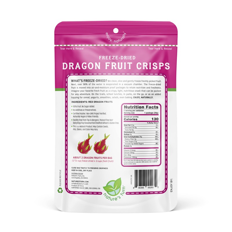 Nature’s Turn Freeze-Dried Fruit Snacks, Dragon Fruit Crisps, Pack of