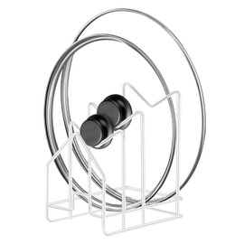 Poeland Kitchen Pot Lid Organizer, Pan Rack with 3 Compartments, Pantry Organizer Rack for Dinnerware, Bakeware, Cookware, Cutting Boards, Pan Lids (White)