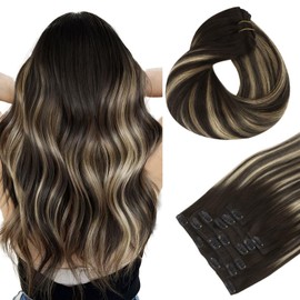 HOTBANANA Human Hair Clip in Hair Extensions, Balayage Natural Black to Light Blonde 120g Clip in Hair Extensions Real Human Hair Straight Remy Hair Clip Ins Dark Roots Ombre 22 Inch 7pcs