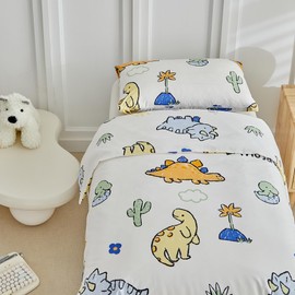 PinkMemory Kids Dinosaur Single Duvet Cover Set Cute Cartoon Dinosaur Print Quilt Cover and Pillowcase Set for Girls Boys for All Seasons-135x200CM-Single Size