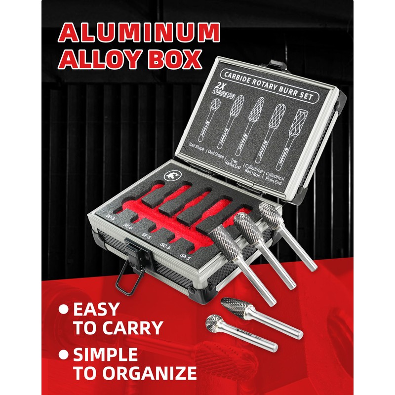 EZARC Tungsten Carbide Burr Set 1/4" Shank, 5PC Double Cut