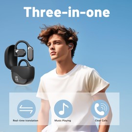 AI Translation Earphones, Open-Ear Wireless Bluetooth Translation Earbuds, Capable of Real-time Translation of 144 Languages, Compatible with iOS and Android Systems Suitable for Travel (Black)