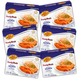 KJ Poultry Kosher Ready Meals - Salmon Fillet Fish, Parve MRE Meal Ready to Eat, Protein Food, Halal, (6 Pack) Prepared Entree Fully Cooked, Shelf Stable Microwave Dinner, Travel, Military, Camping