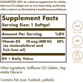 Solgar Vitamin D3 (Cholecalciferol) 10 MCG (400 IU), 250 Softgels - Helps Maintain Healthy Bones & Teeth - Immune System Support - Non-GMO, Gluten Free, Dairy Free - 250 Servings