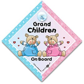 Grandchildren On Board Car Sign, Baby On Board Sign with Suction Cup for Boy and Girl