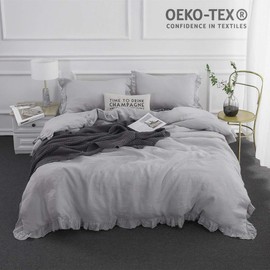 Simple&Opulence 100%Washed Linen Duvet Cover Set-3 Pieces Premium Ruffled Bedding with 1 Comforter Cover and 2 Pillowshams France Flax High End Frill Sets Farmhouse Style(King,Grey)