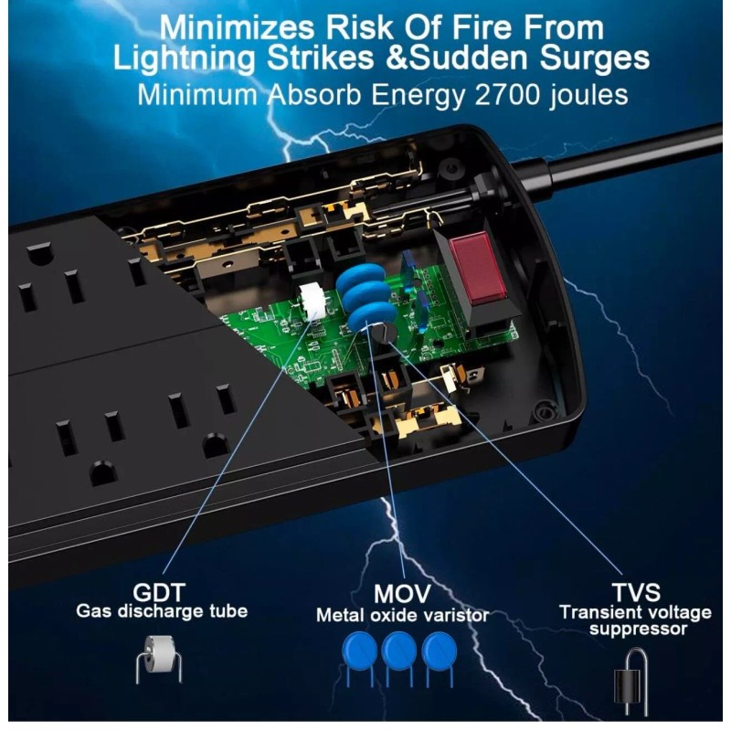 Nuetsa Surge Protector, Power Strip, USB Charging, 8 Outlet, 6