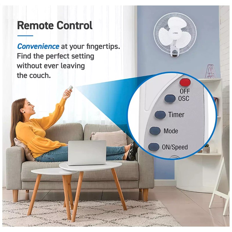ComfortZone Wall Mount Fan With Remote 16" Oscillating Quiet 3