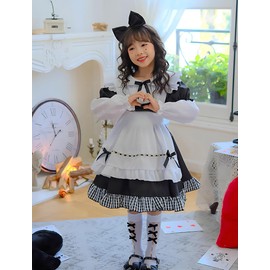 RPFLQ Girls Maid Clothes Alice Dress Halloween Cosplay Costume Apron Half Sleeve Long Sleeve Children Apron Included Cute Moe Lolita Popular Event Recital One-piece Dress 4-piece Set Sleeve Cover