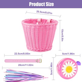 Wintfarm Kids Bike Basket Front,Girls Bike Accessories Kids,Handwoven Bicycle Basket,Cycling Baskets With Spare Leather Straps, Tassels And Bell(Pink)
