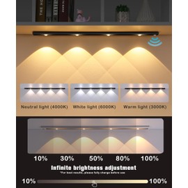 LITECOB Cabinet Light, Wardrobe Sensor Undercounter Light, Computer Desk Human Body Sensor Light, Dimmable Hill Effect, Type-C Charging, 3 Color Modes, 30 Days Battery Life (Black, 19.69inch-2 Pack)
