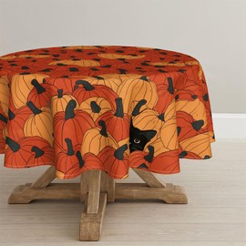 Horaldaily Fall Tablecloth 70×70 Inch Round, Black Cat Pumpkin Autumn Harvest Washable Seasonal Table Cover for Party Picnic Dinner Decor