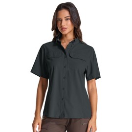 Womens Safari Hiking Sun Shirts UPF 50+ UV Sun Protection Quick Dry Lightweight Short Sleeve Button Shirts (5080 Black Grey XL)
