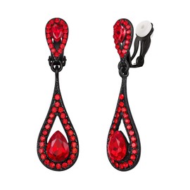 EVER FAITH Women's Rhinestone Crystal Luxury Dual Teardrop Wedding Clip-On Earrings Red Black-Tone
