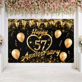 Happy 57th Anniversary Backdrop Banner Decor Black Gold – Glitter Love Heart Happy 57 Years Wedding Anniversary Party Theme Decorations for Women Men Supplies, 3.9 x 5.9 ft