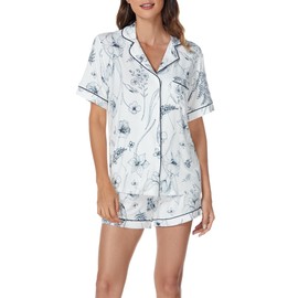 LUBOT Womens Bamboo Soft Cooling Sleepwear Pyjamas for Women 2 Pieces Short Sleeve Sleepwear Loungewear with Collar and Button S-XXL, flower, M