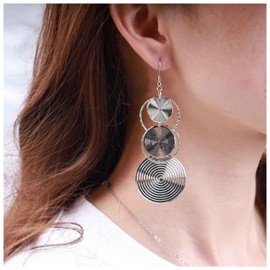 Inilbran Boho Round Dangle Drop Earrings Vintage Spiral Carved Earrings Silver Circle Triple Long Earrings Ethnic Geometric Statement Earrings Jewelry for Women and Girls