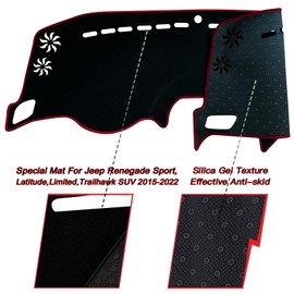 KEEGTBOX - Funda de salpicadero para salpicadero interior compatible con Jeep Renegade SUV Sport Latitude Limited Trailhawk 2015-2022, protector de rayos UV con reflejos (ribete rojo)