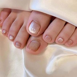 24Pcs Nude Press On Toenails Square Fake Toenails Short False Toenails With Glitter Design Summer Glossy Full Cover Acrylic Toe Nails Reusable Artificial Toe Nails For Women Toenails Decoration