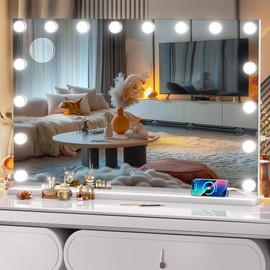 ouboyo Vanity Mirror with Lights, 35" x 24" Hollywood Mirror, Makeup Mirror with 16 Dimmable Bulbs and 5X Magnification, 3 Colors Modes, Touch Control, USB and Type-C, Tempered Glass (Square White)